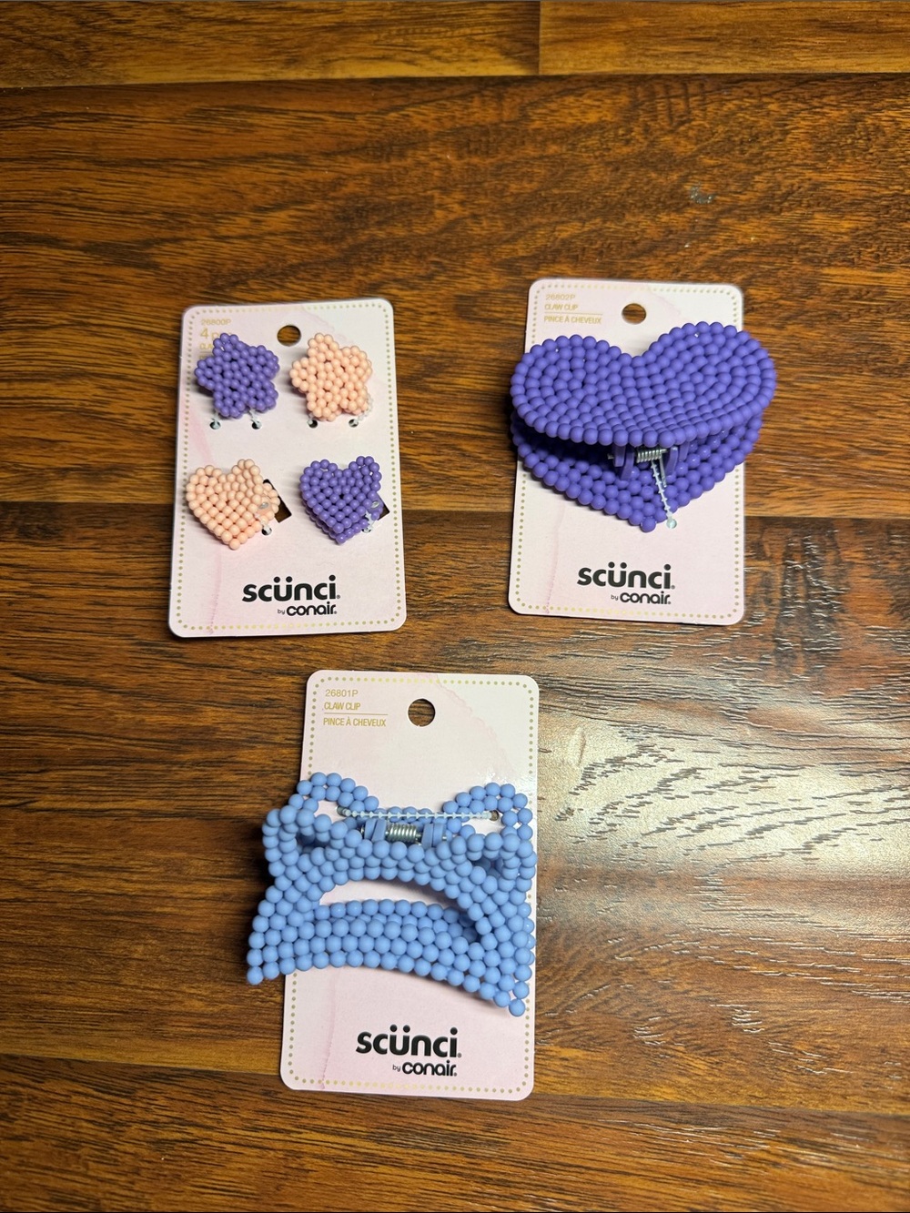 Kids Beaded Heart Hair Clips - Purple, Peach, Light Blue set of 3. New in packag